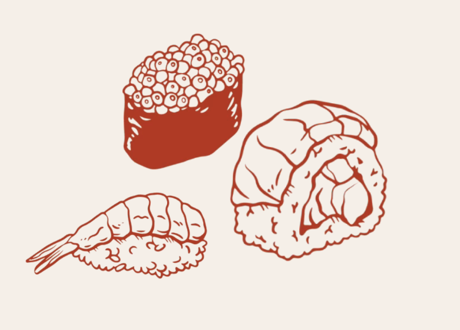Outlined graphic of 3 sushi pieces.